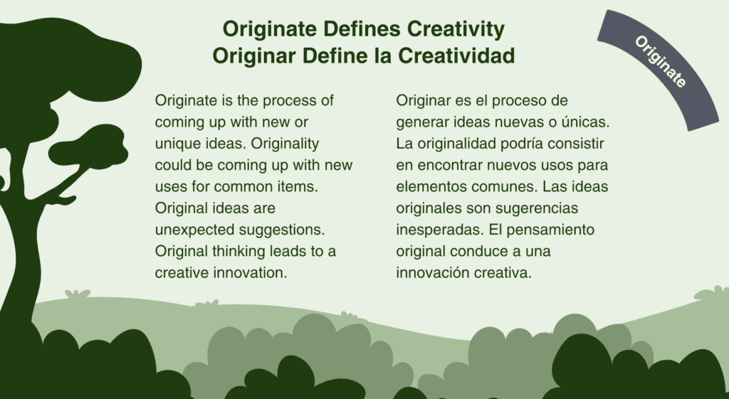 Originate is the process of coming up with new or unique ideas. Originality could be coming up with new uses for common items. Original ideas are unexpected suggestions. Original thinking leads to a creative innovation.